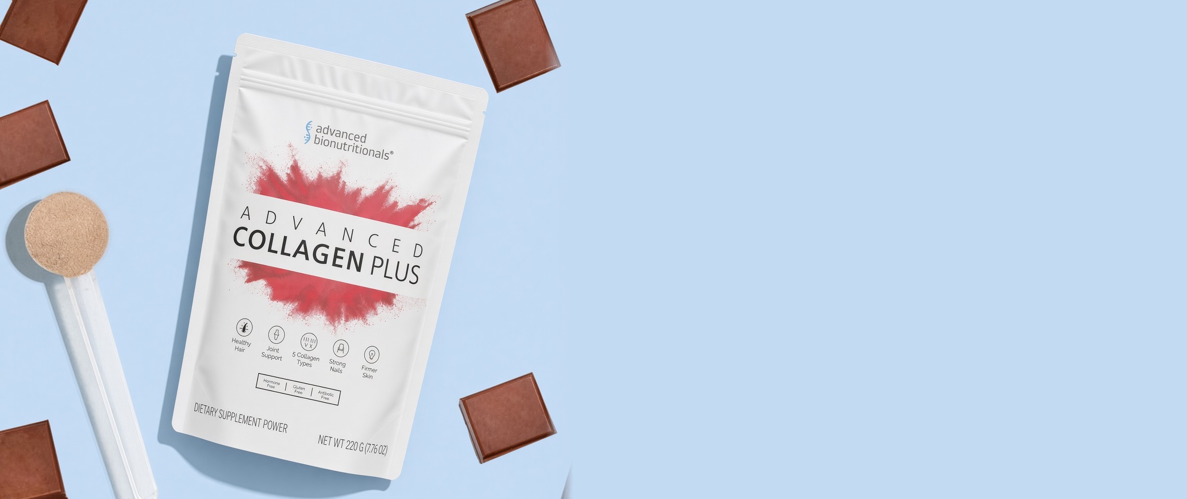 Advanced Collagen Plus pouch with chocolate and a scoop
