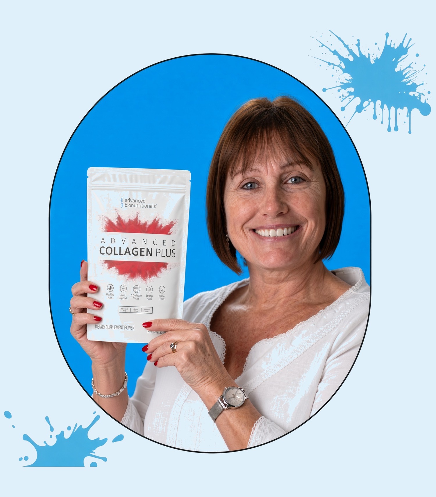 Woman holding a pouch of Advanced Collagen Plus