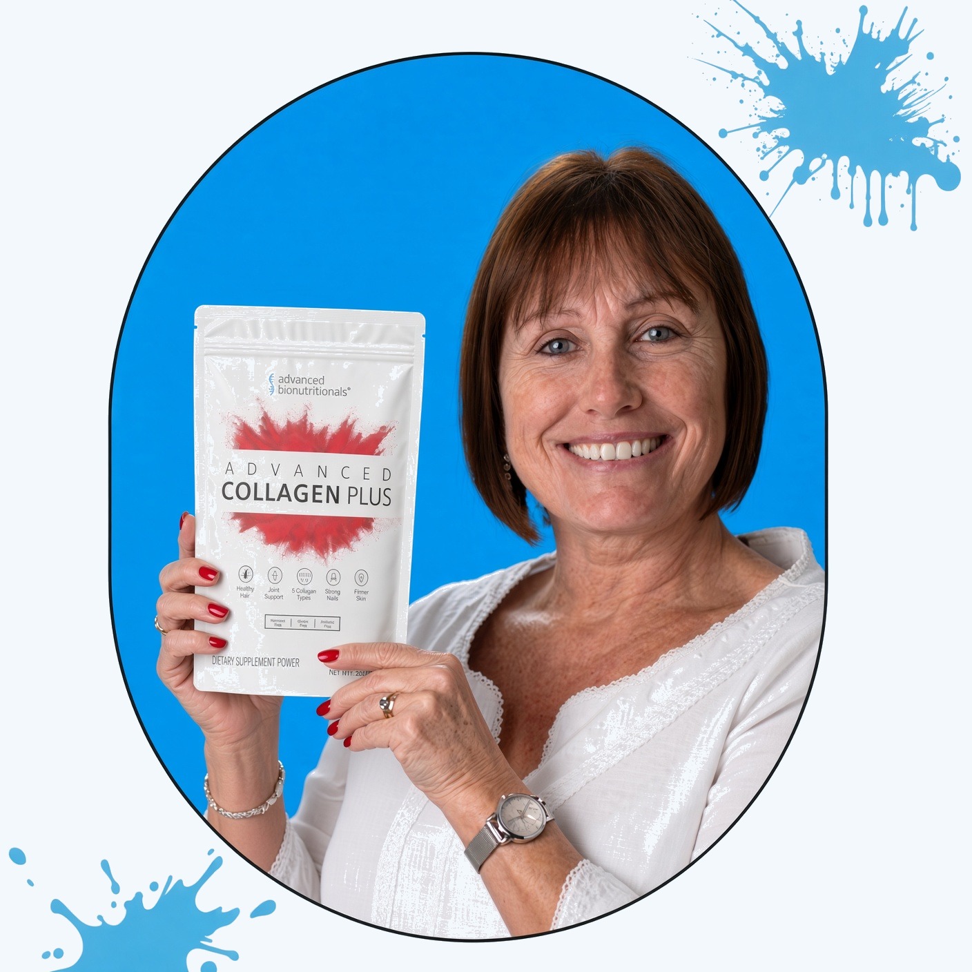 Woman holding a pouch of Advanced Collagen Plus