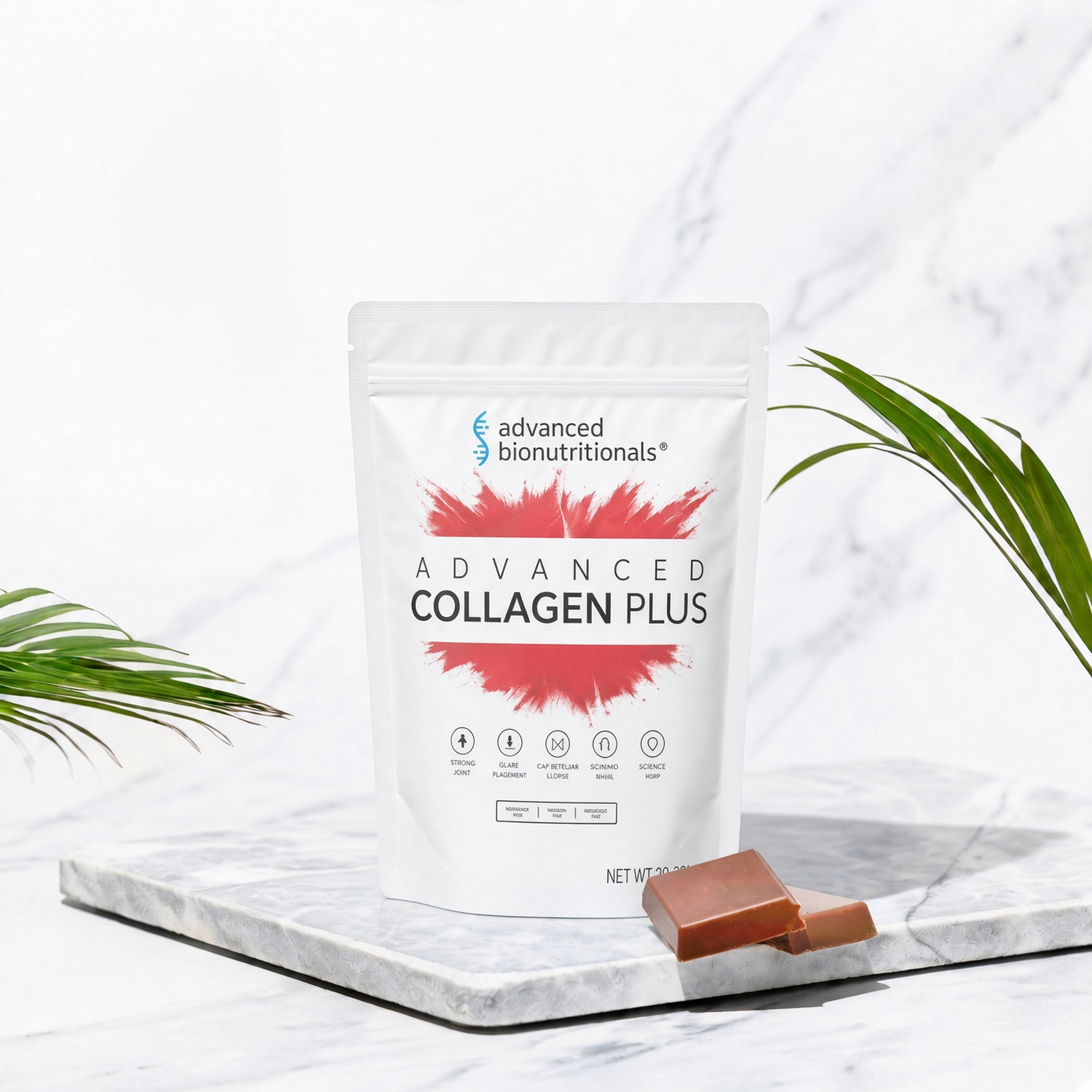 Advanced Collagen Plus pouch on marble with chocolate