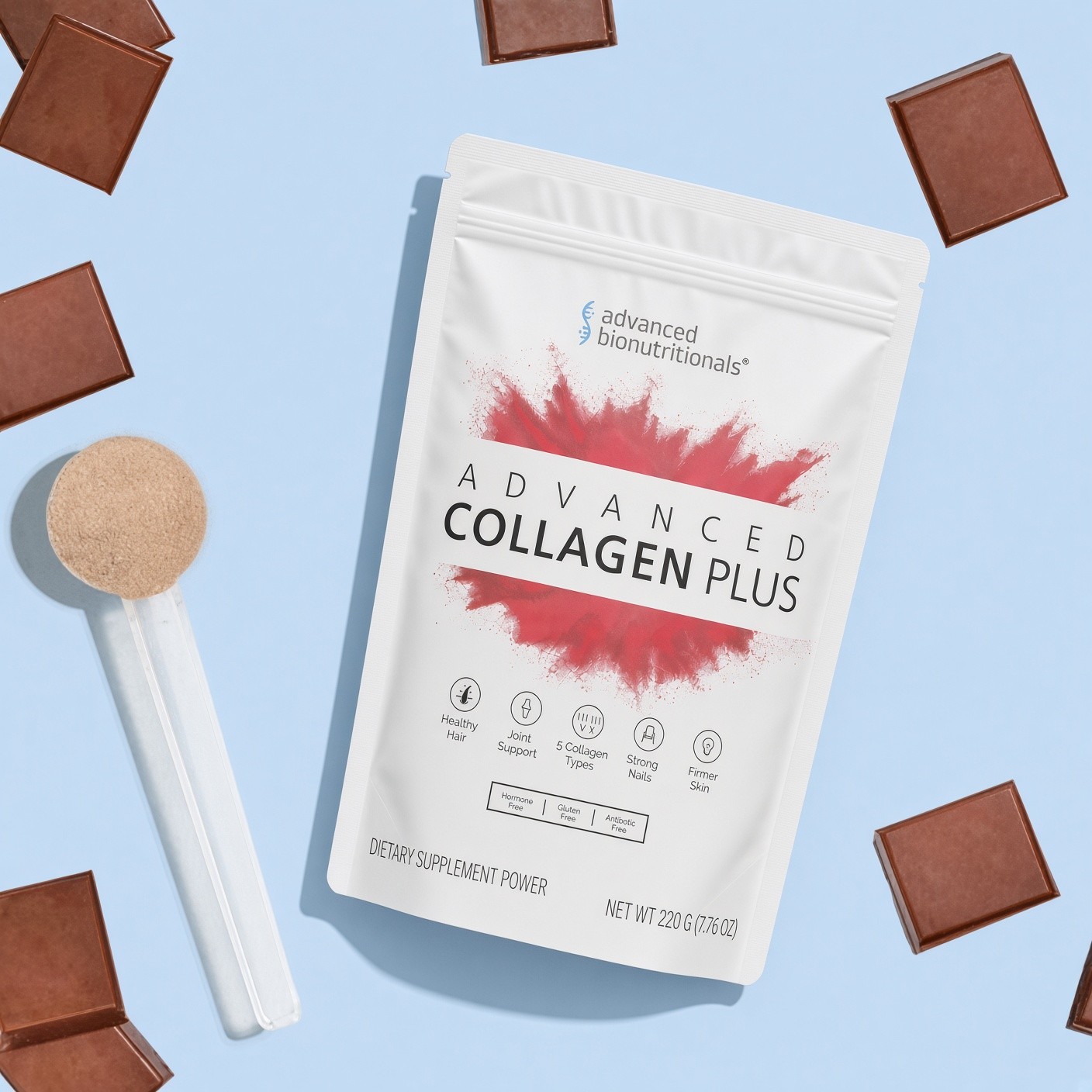 Advanced Collagen Plus pouch with chocolate and a scoop