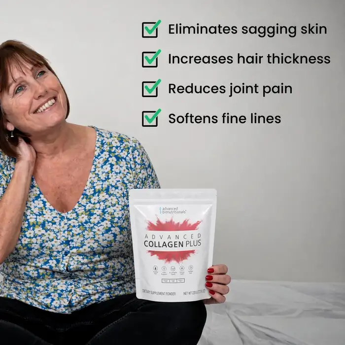 Woman holding Advanced Collagen Plus with benefits list